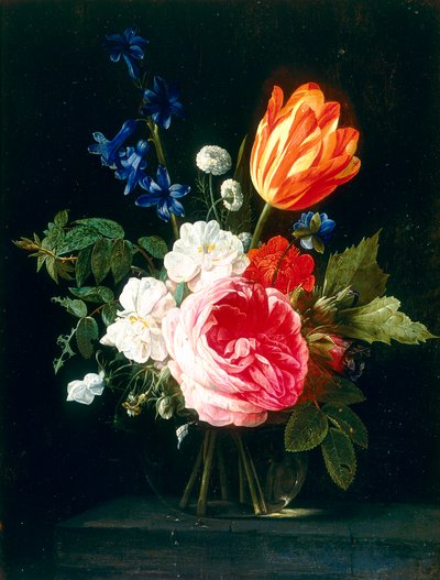 Metal vase with a bunch of flowers by Nicolaes van Veerendael